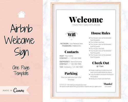 1 Page Airbnb Welcome Poster Template, Wifi Password Sign Printable, Welcome Book, House Rules, Host, Vacation Rental, Check Out Instruction | Bold