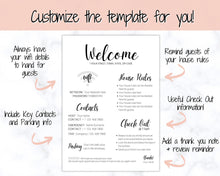 Load image into Gallery viewer, 1 Page Airbnb Welcome Poster Template, Wifi Password Sign Printable, Welcome Book, House Rules, Host, Vacation Rental, Check Out Instruction | Day
