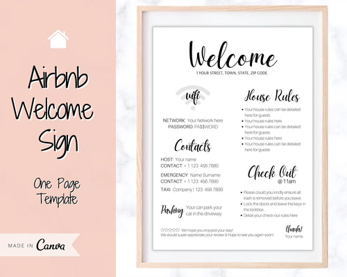 1 Page Airbnb Welcome Poster Template, Wifi Password Sign Printable, Welcome Book, House Rules, Host, Vacation Rental, Check Out Instruction | Day