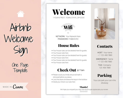 1 Page Airbnb Welcome Poster Template, Wifi Password Sign Printable, Welcome Book, House Rules, Host, Vacation Rental, Check Out Instruction | Play