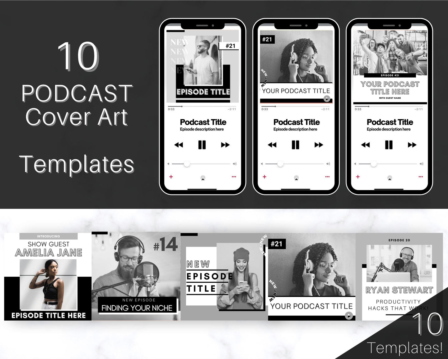 10 Editable Podcast Cover Art Templates. Podcast Canva BUNDLE. Pod cast Photo Mockup. Podcast Graphics. Podcaster podcasting, Podcast Cover | Mono