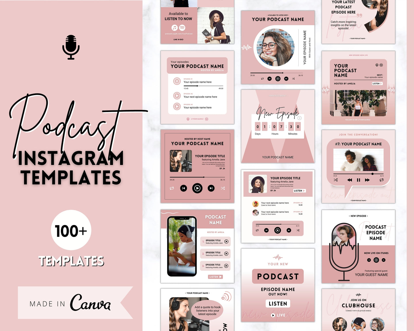 100+ Podcast Instagram Templates! Canva Template Pack. Instagram Square Posts & Stories, Story, Podcasters Podcasting Social Media BUNDLE | Pink