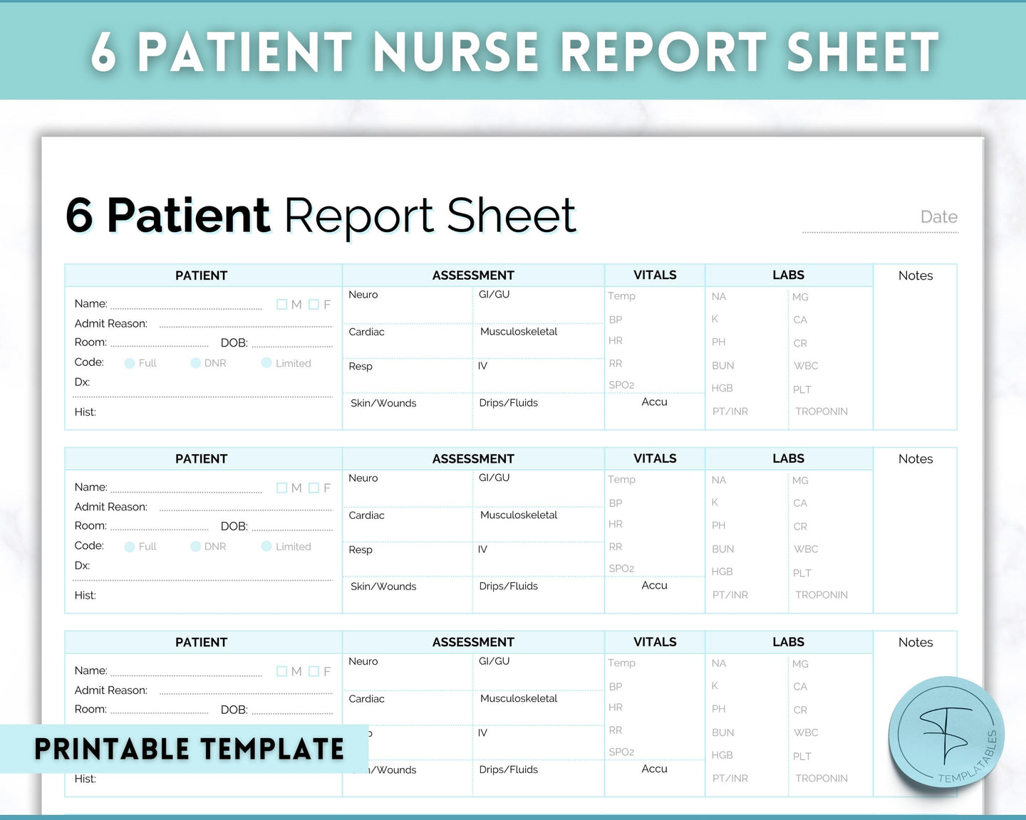6 Patient Nurse Report Sheet to Organize your Shifts | Nurse Brain Sheet, ICU Nurse Report Patient Assessment Template | Blue
