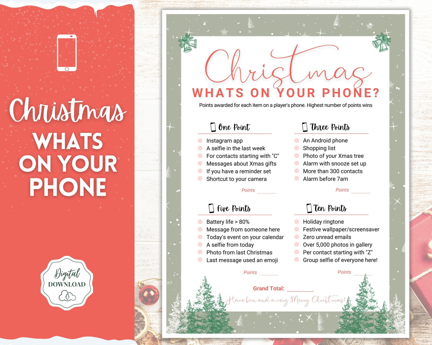 Christmas What's on Your Phone Game | Holiday Xmas Party Game Printables for the Family | Green