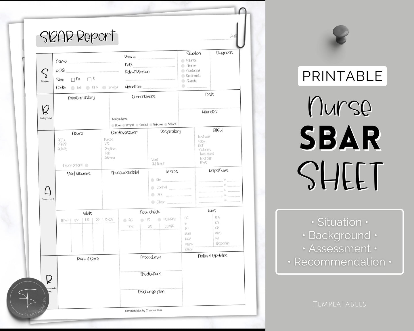 SBAR Nurse Brain Report Sheet | ICU Nurse Report, RN Nursing, New Grad, Patient Assessment, Printable Template | Sky Mono