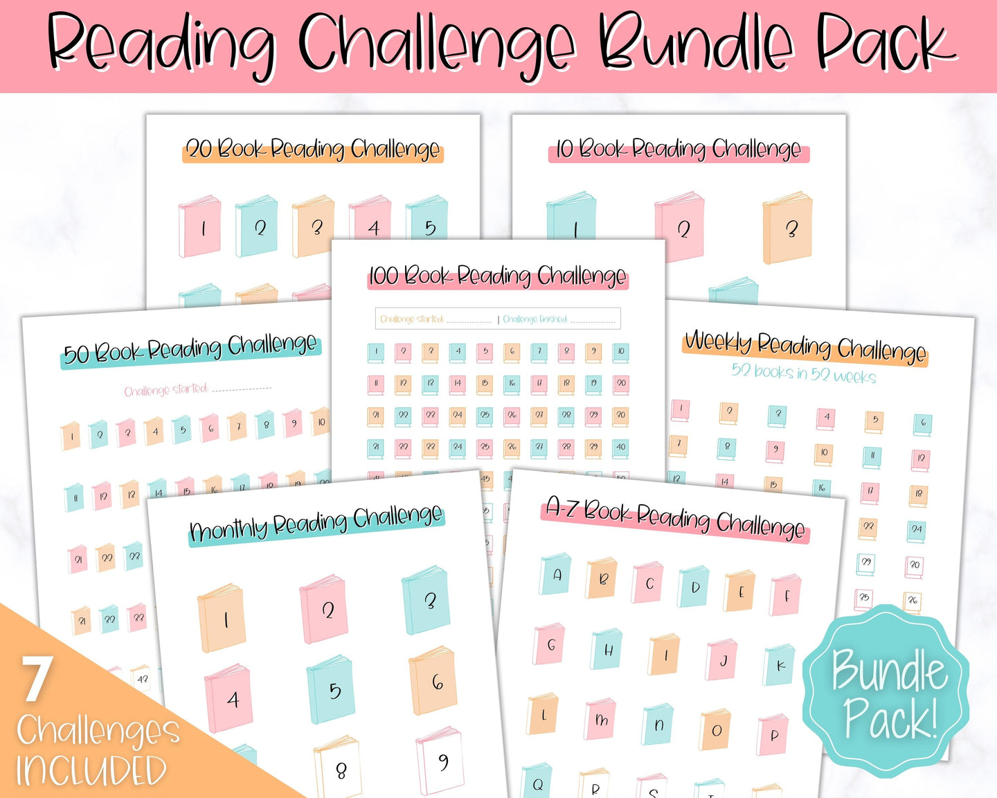 Book Reading Challenge BUNDLE | 52 Weeks, 100 Book Reading Log Printable Planner | Sky Colorful