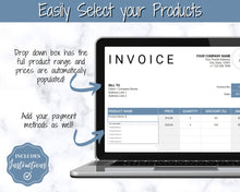 Load image into Gallery viewer, Small Business Bookkeeping Spreadsheet | Google Sheets Automated Business Expense Tracker &amp; Product Invetory Tracker | Blue
