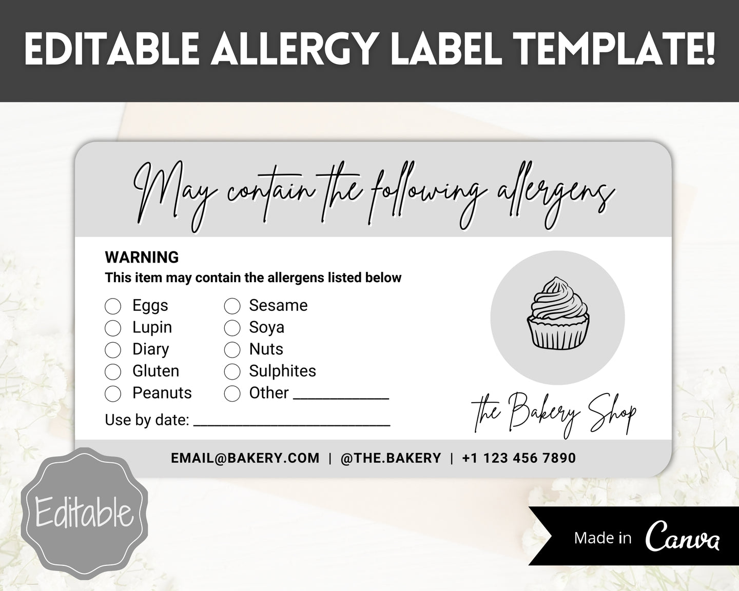 EDITABLE Food Allergy Label Template | Allergy Information Stickers, Allergen Cake Food Warning Label | Rectangle