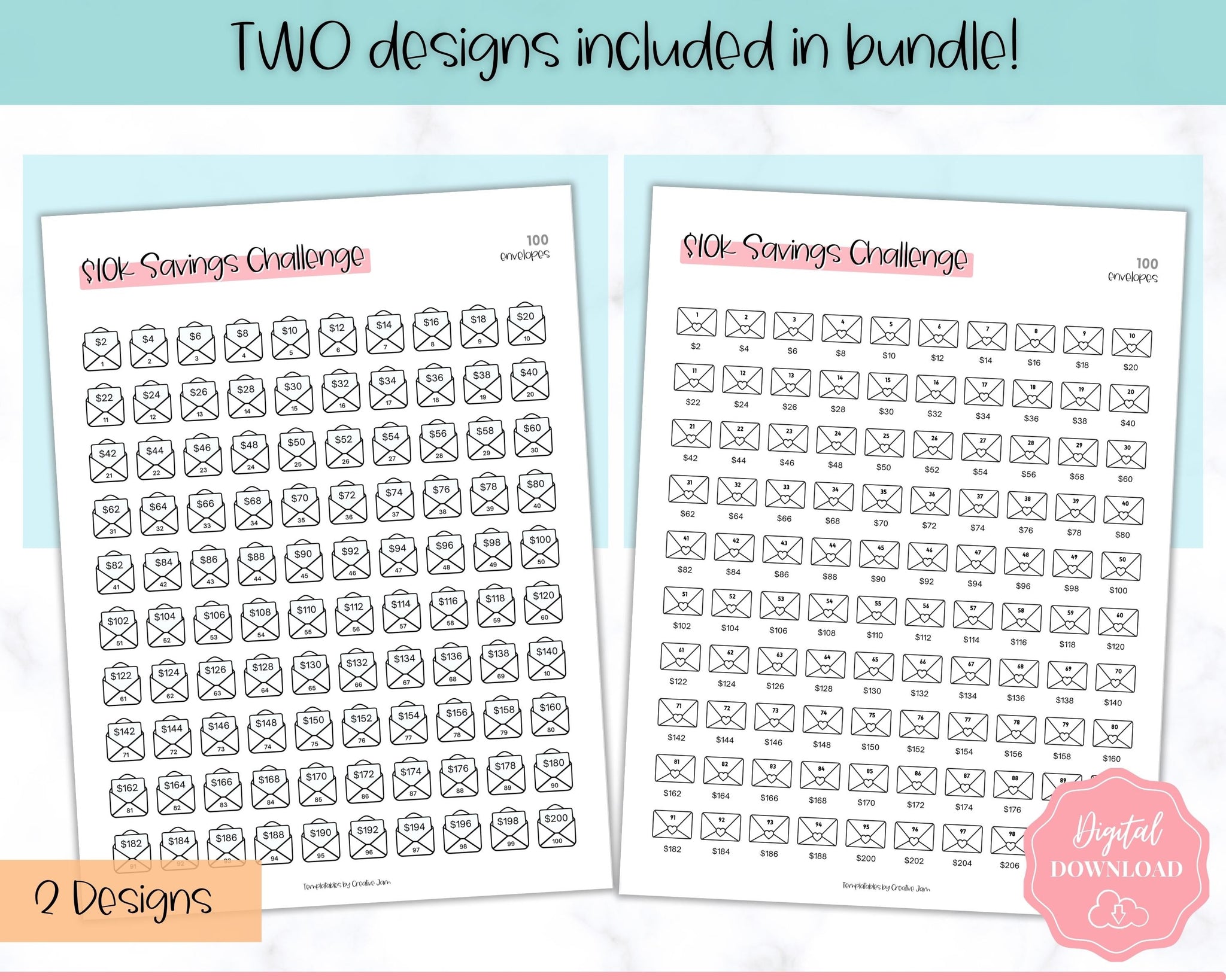 10k 100 Envelope Challenge Printable, 10000 | Colorful Sky