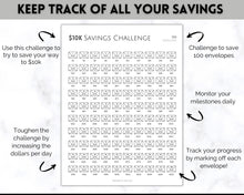 Load image into Gallery viewer, 10k Envelope Challenge, 10000 Savings Tracker Printable, 100 Envelopes Save, Budget Cash Envelope, 100 day challenge, Money Saving Finance | Mono
