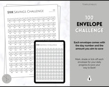 Load image into Gallery viewer, 10k Envelope Challenge, 10000 Savings Tracker Printable, 100 Envelopes Save, Budget Cash Envelope, 100 day challenge, Money Saving Finance | Mono

