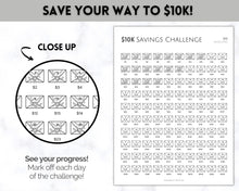 Load image into Gallery viewer, 10k Envelope Challenge, 10000 Savings Tracker Printable, 100 Envelopes Save, Budget Cash Envelope, 100 day challenge, Money Saving Finance | Mono
