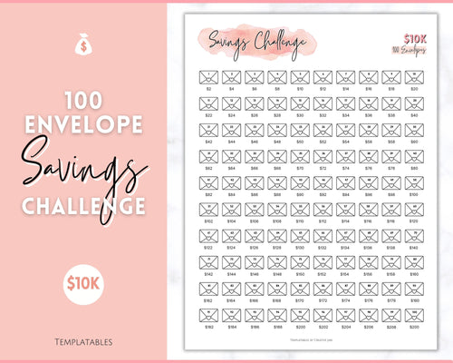 10k Envelope Challenge, 10000 Savings Tracker Printable, 100 Envelopes Save, Budget Cash Envelope, 100 day challenge, Money Saving Finance | Pink Scrawl