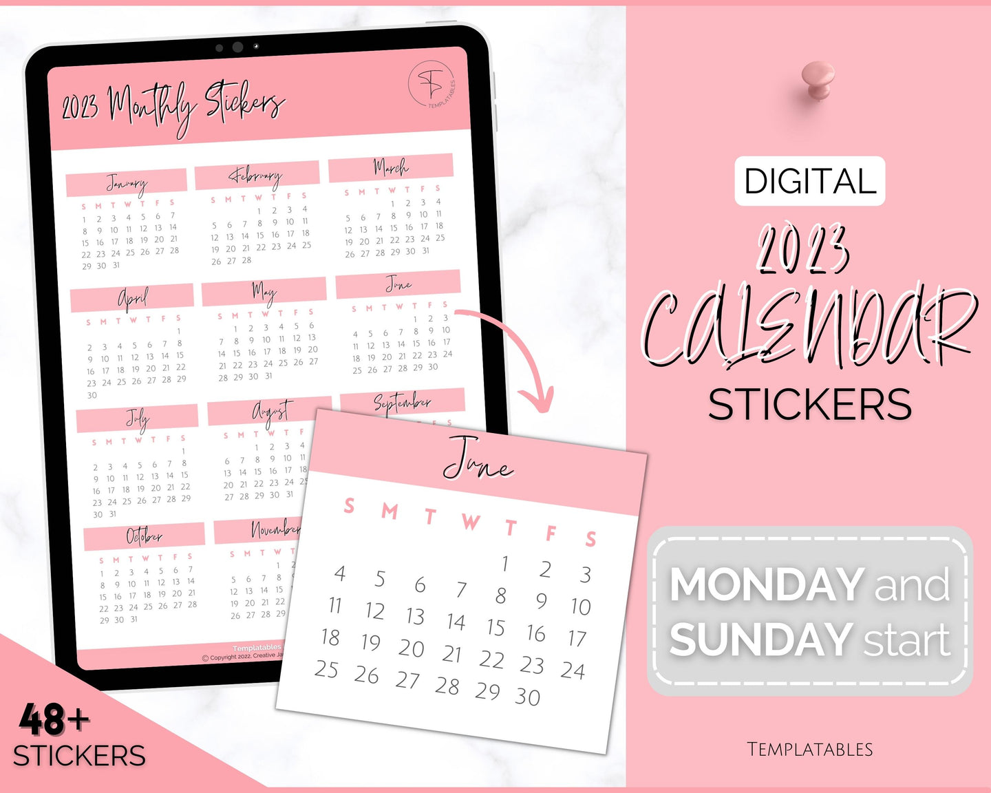 2023 Digital Calendar Stickers for iPad | GoodNotes & Notability Sticky Notes, Mini Calendar Digital Planner Stickers, Transparent PNGs | Pink