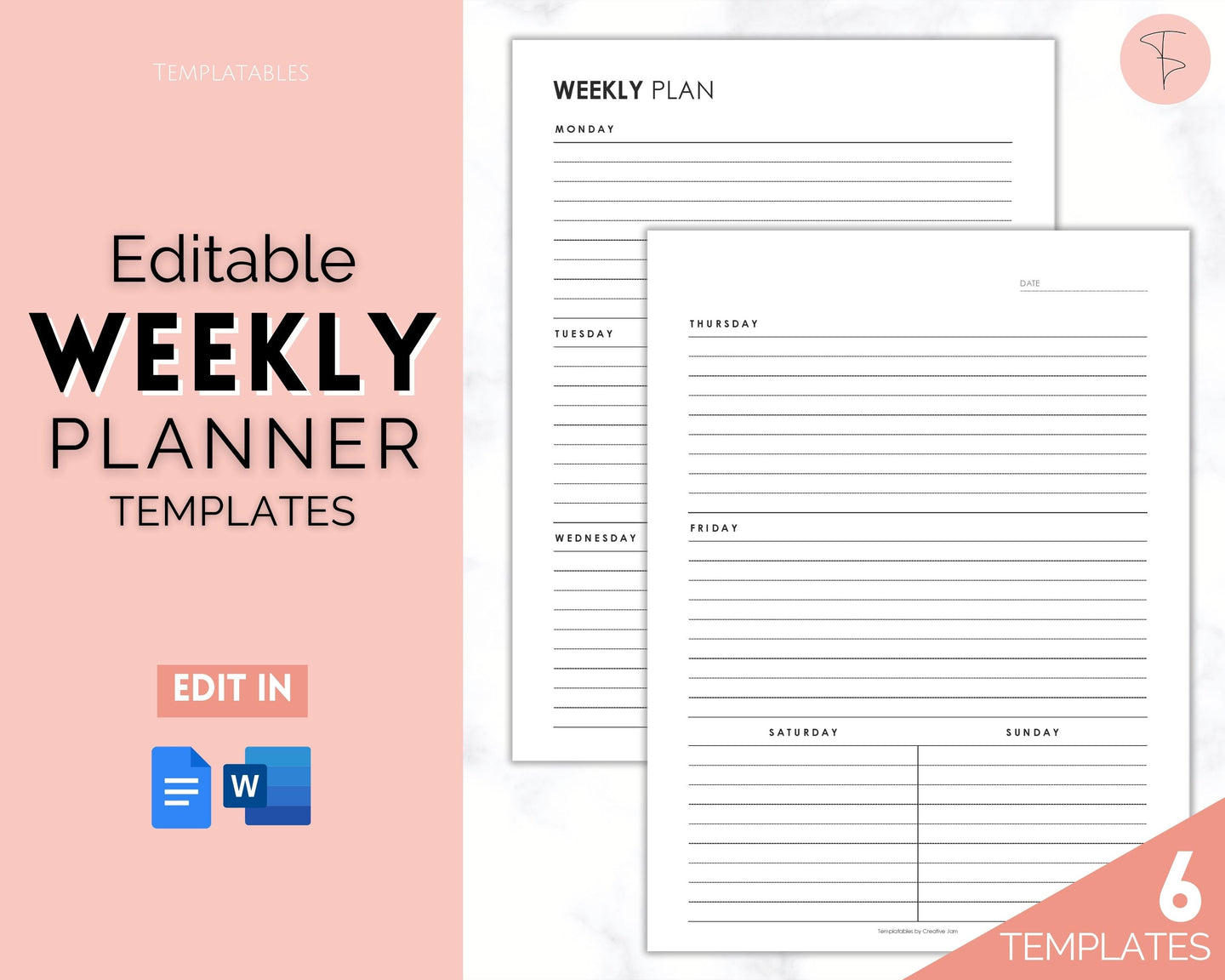 EDITABLE Weekly Planner 2 Page Templates | 2023 Weekly Schedule, To Do List Printable & Habit Tracker templates | Mono