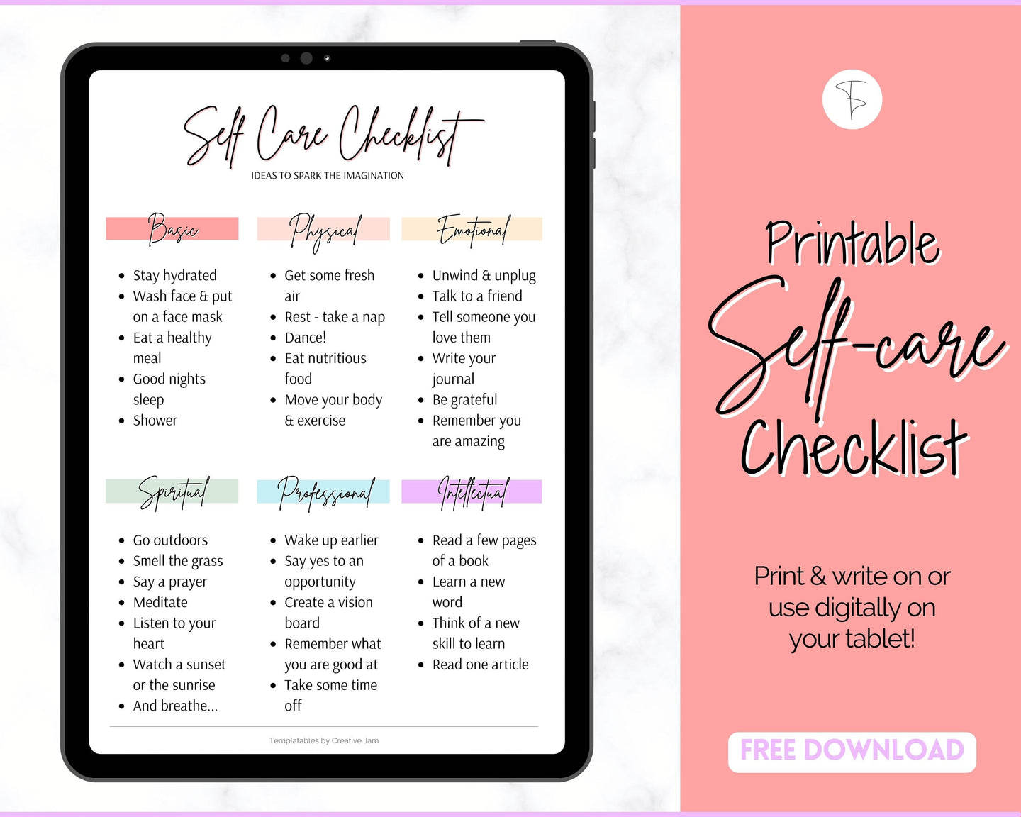 FREE - Self Care Checklist, Self-Care Planner & Selfcare Journal Tracker | Wellness Planner, Daily Wellbeing, Mindfulness, Mental Health Kit | Pastel Rainbow