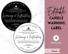 Load image into Gallery viewer, EDITABLE Candle Warning Label Template | Candle Care &amp; Fire Safety Instructions, Round Packaging Label Care Card, Candle Maker Seller | Brit
