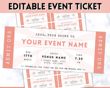 Load image into Gallery viewer, EDITABLE Event Ticket Gift Template | DIY Templates for Concerts, Theatre Shows, Surprise Gifts &amp; Special Occassions | Pink
