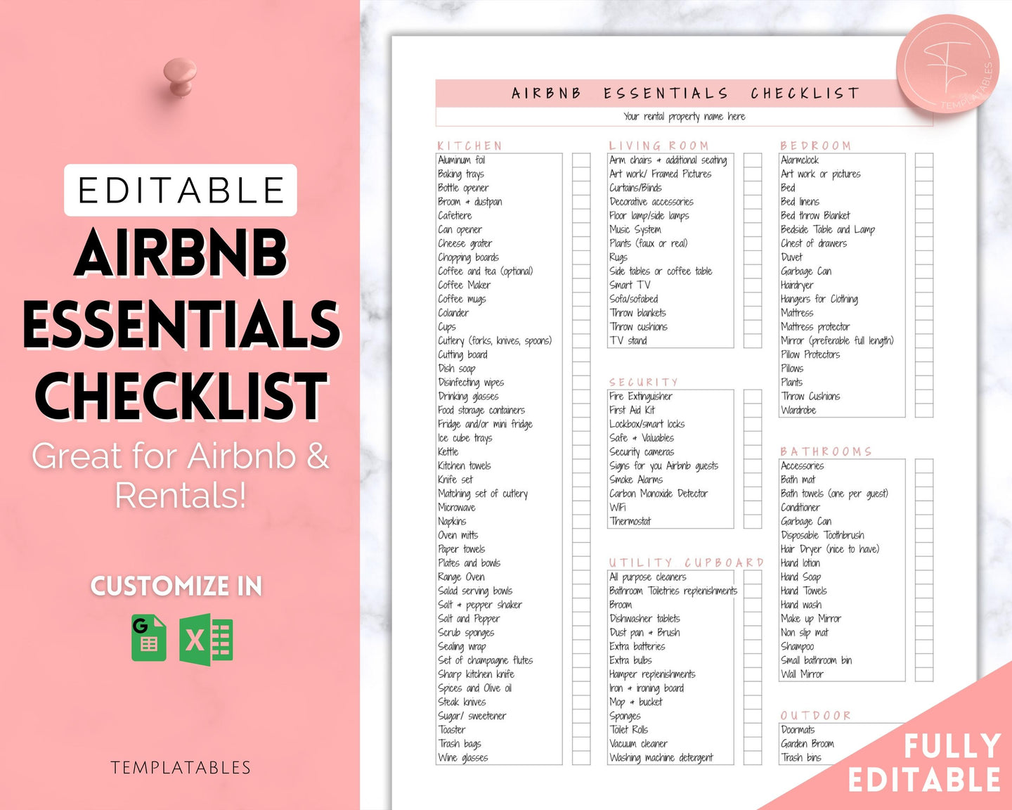 Airbnb Essentials Checklist | EDITABLE Airbnb Inventory List for Airbnb Hosts | Pink