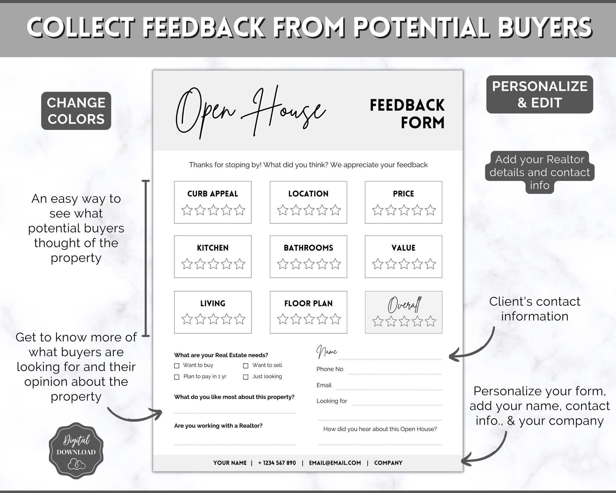 EDITABLE Open House Real Estate Feedback Form for Realtors & Brokers