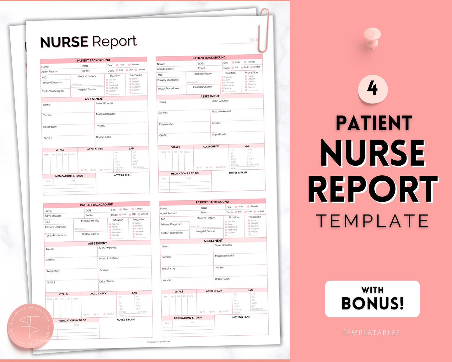 4 Patient Nurse Report Sheet to Organize your Shifts | Nurse Brain Sheet, ICU Nurse Report Patient Assessment Template | Pink