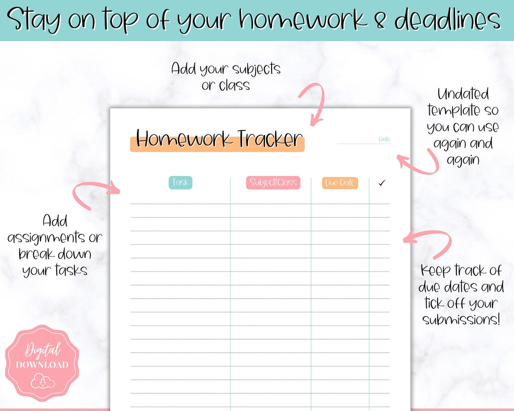 Homework Tracker & School Assignment Planner | Colorful