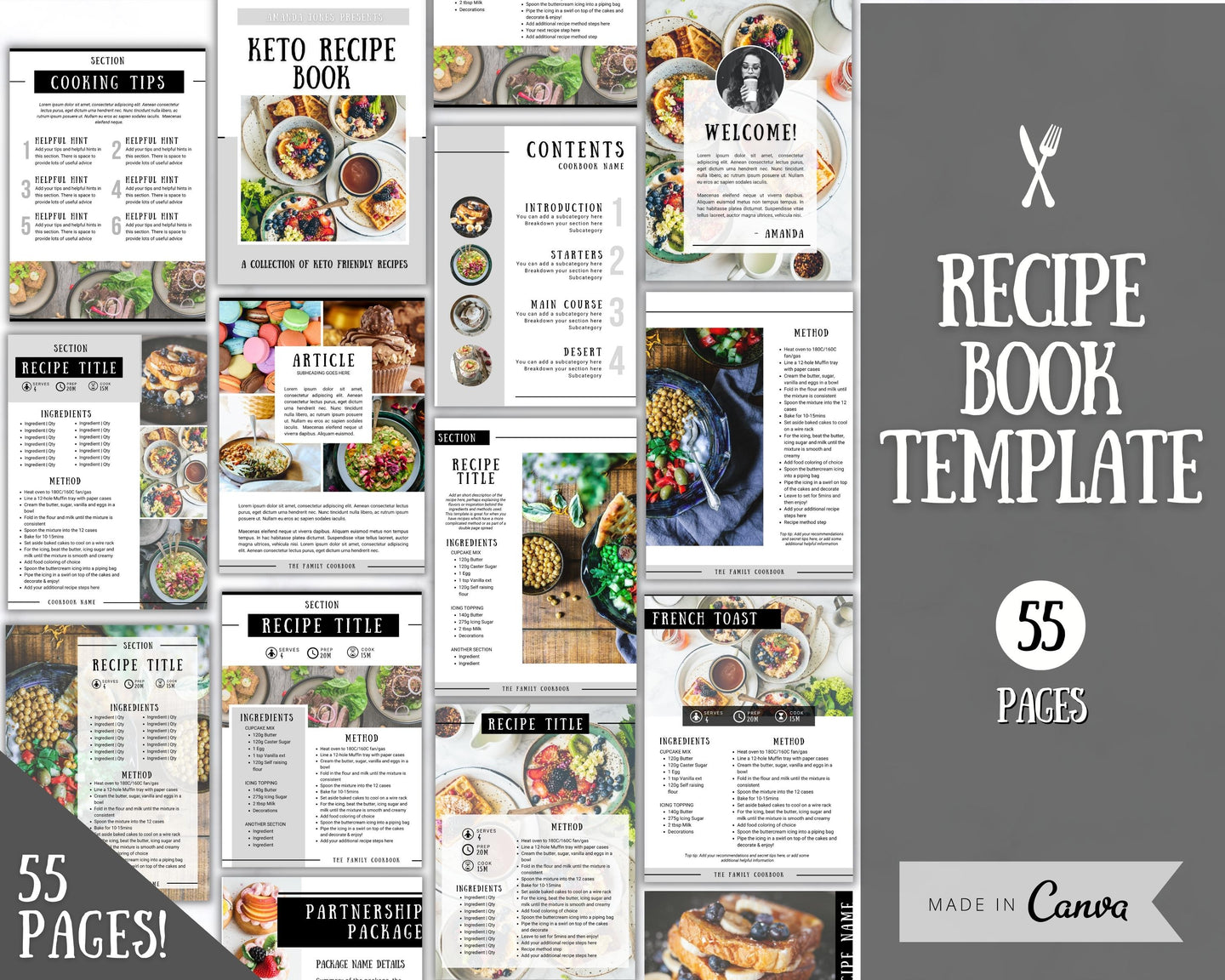 Recipe Cookbook Template | Editable Canva Digital eBook | Farmhouse Mono