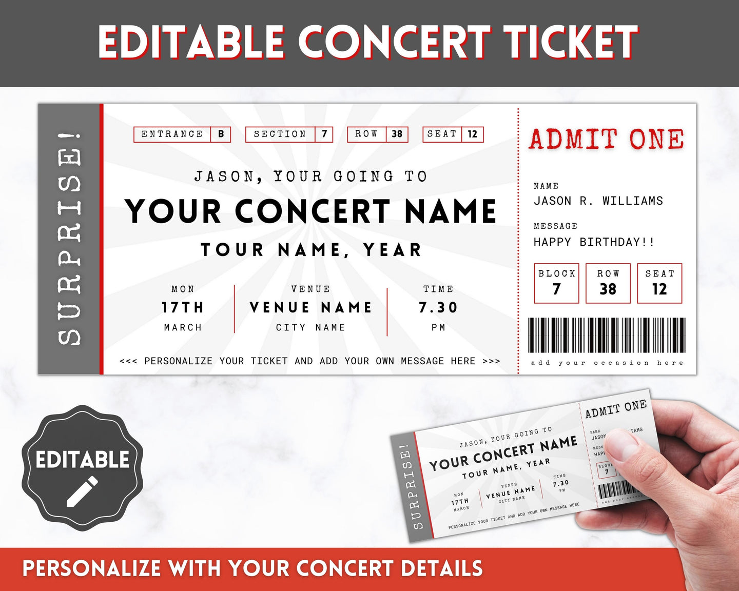 EDITABLE Concert Ticket Template | Surprise Birthday, Anniversary Gift for Musical Events & Theatre Shows | No Photo