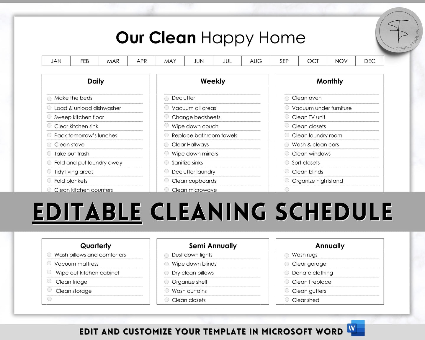 Editable 'Our Clean Happy Home' Cleaning Schedule & Housekeeping Checklist for House Chores | Mono