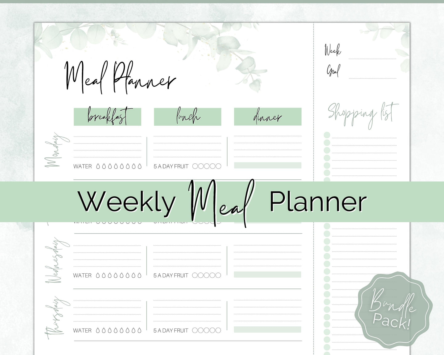 Weekly Meal Planner Printable | Food Diary, Meal Tracker, Food Journal with BONUS Grocery List | Green Eucalyptus