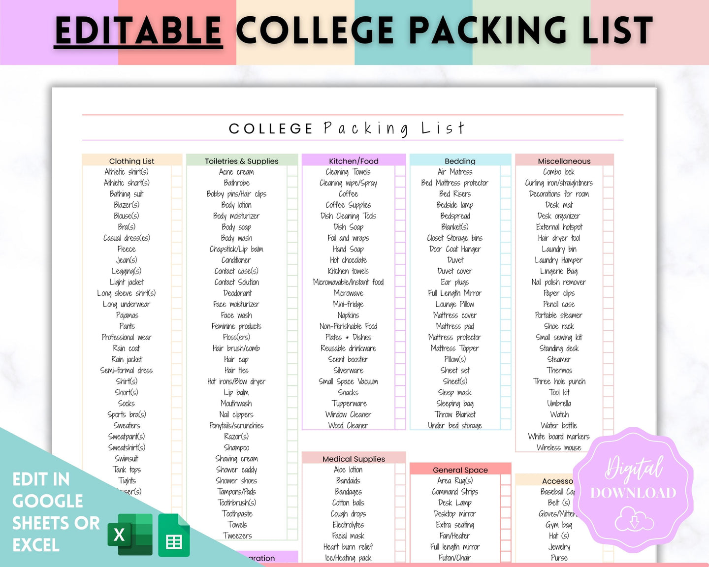 EDITABLE College Packing List | Back to School Moving Checklist for Students, Google Sheets | Pastel Rainbow