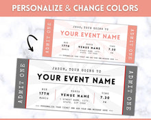 Load image into Gallery viewer, EDITABLE Event Ticket Gift Template | DIY Templates for Concerts, Theatre Shows, Surprise Gifts &amp; Special Occassions | Pink
