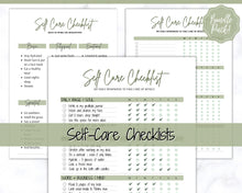 Load image into Gallery viewer, Self Care Checklist, Self-Care Planner, Selfcare Journal Tracker, Wellness Planner Printable, Daily Wellbeing, Mindfulness Mental Health Kit | Green
