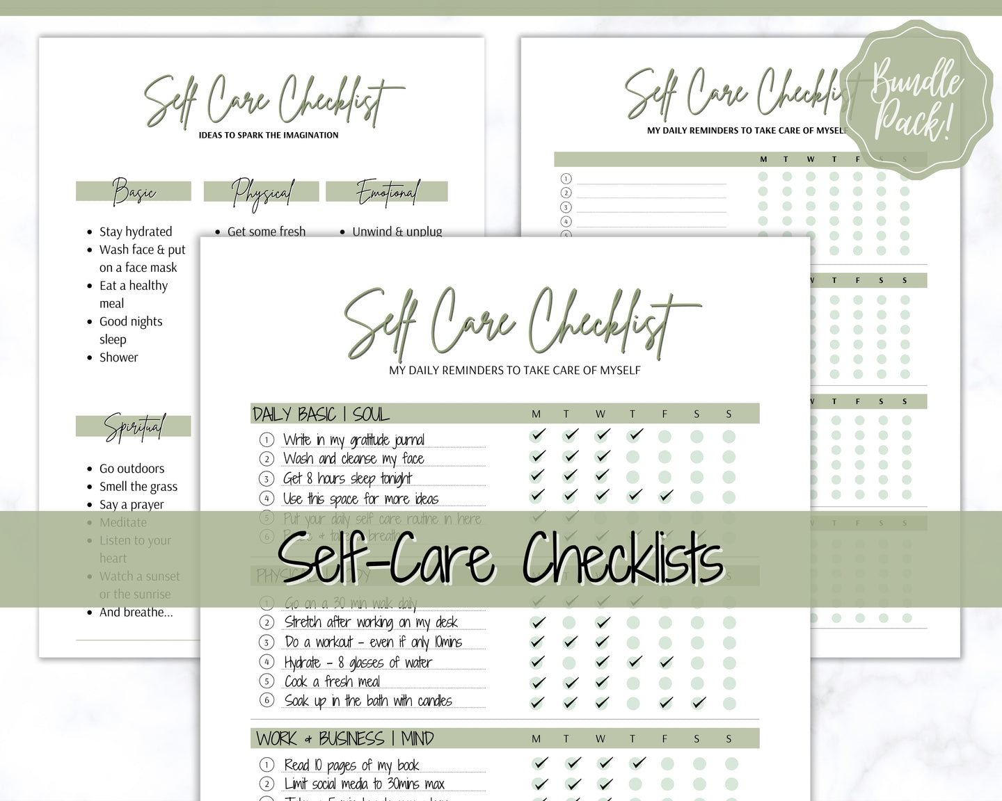 Self Care Checklist, Self-Care Planner, Selfcare Journal Tracker, Wellness Planner Printable, Daily Wellbeing, Mindfulness Mental Health Kit | Green