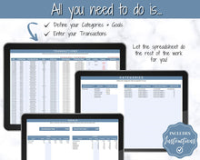 Load image into Gallery viewer, Small Business Bookkeeping Spreadsheet | Google Sheets Automated Business Expense Tracker &amp; Product Invetory Tracker | Blue
