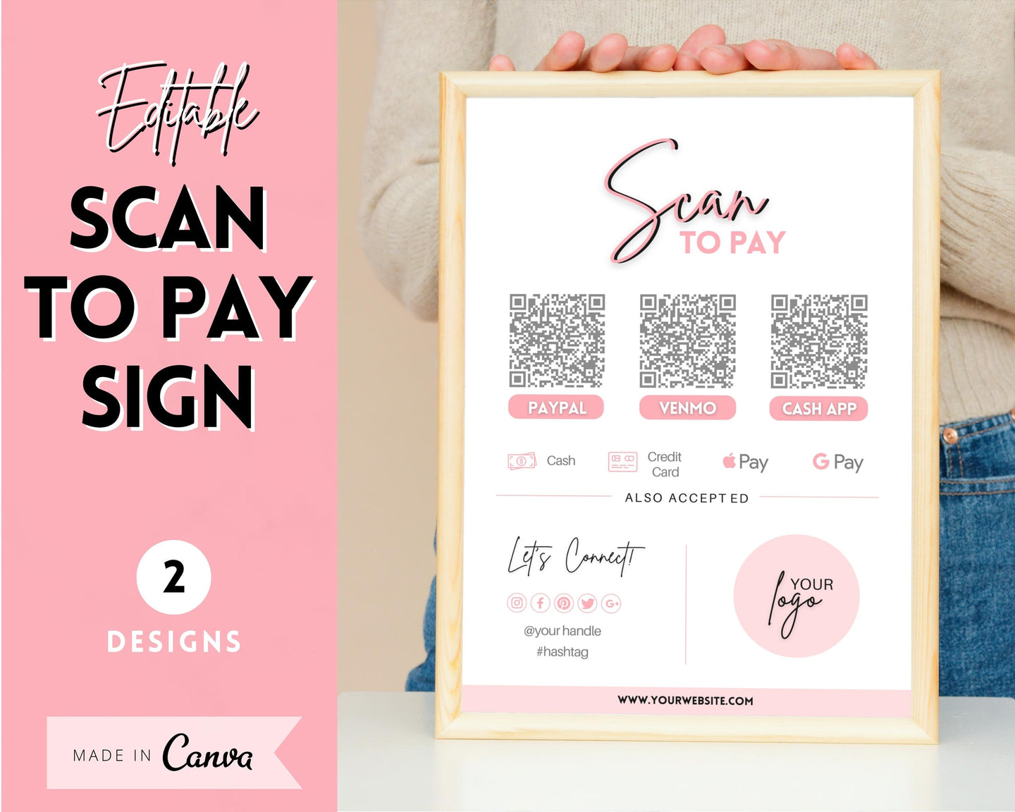 Scan to Pay Sign Shop Logo Editable Sign | QR Code Payment Sign for Small Businesses | Brit Pink