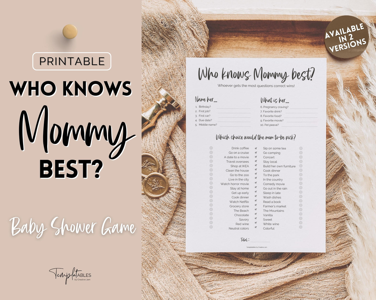 Who knows Mommy Best? Baby Shower Games Printable | Trivia Activity for Woodland, Boho, Neutral Theme Baby Showers