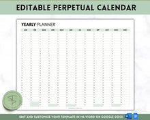 Load image into Gallery viewer, EDITABLE Perpetual Calendar | Undated Year at a Glance Reusable Calendar, Year Overview on One Page, Annual 12 Month Planner | Green
