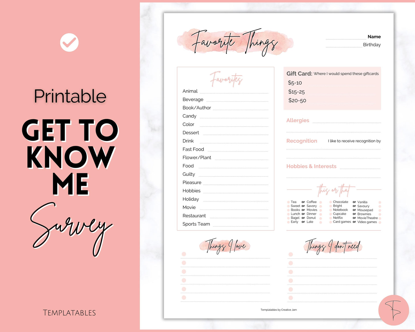 Get To Know Me Printable Game |  Get To Know You Ice Breaker Game | Employee Favorite Things, Team Building, Christmas Party | Pink