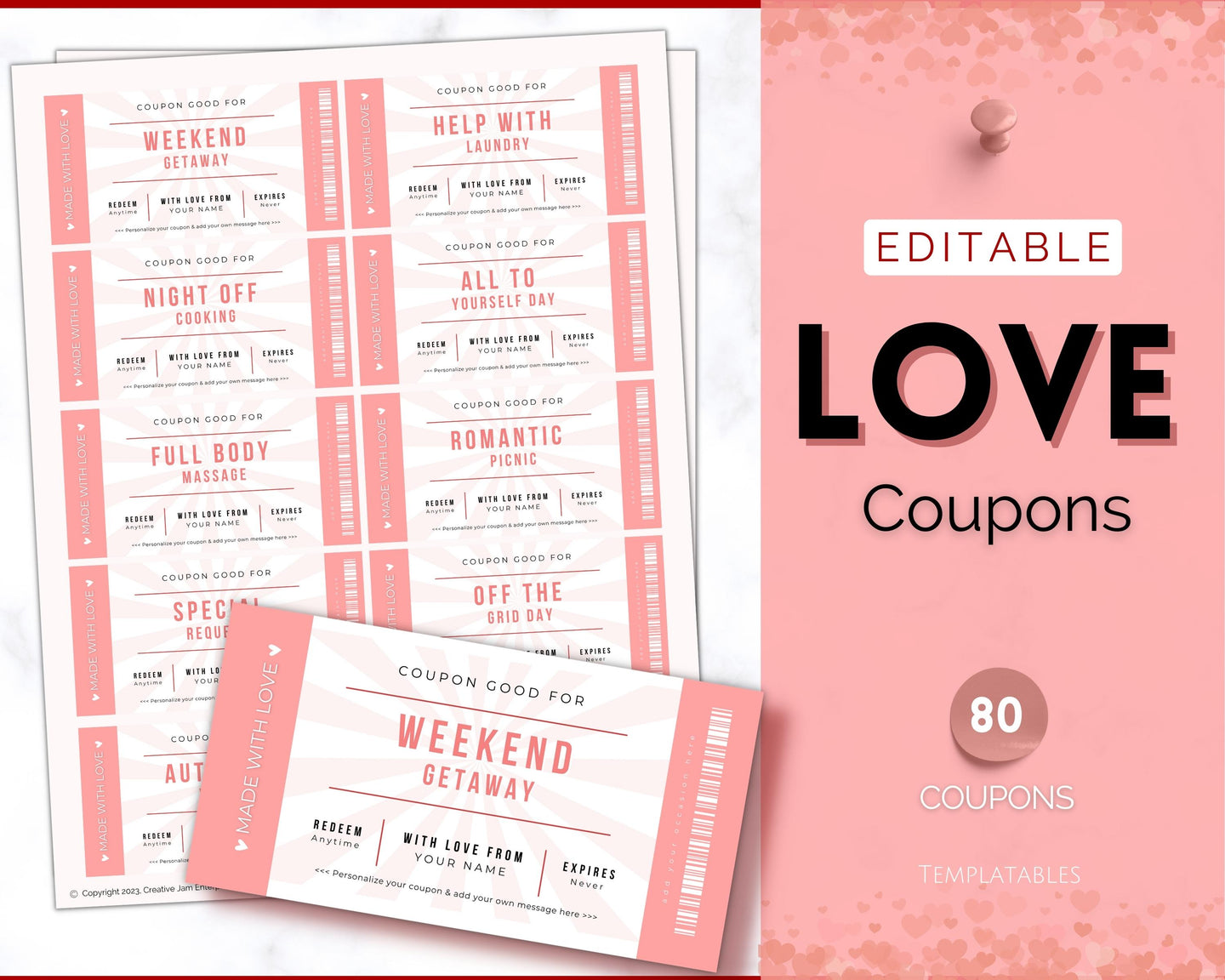 Editable Love Coupon Book for Valentines | Printable DIY Coupon Book for Him and Her | Personalized Valentines, Anniversary, Birthday Gift | Pink