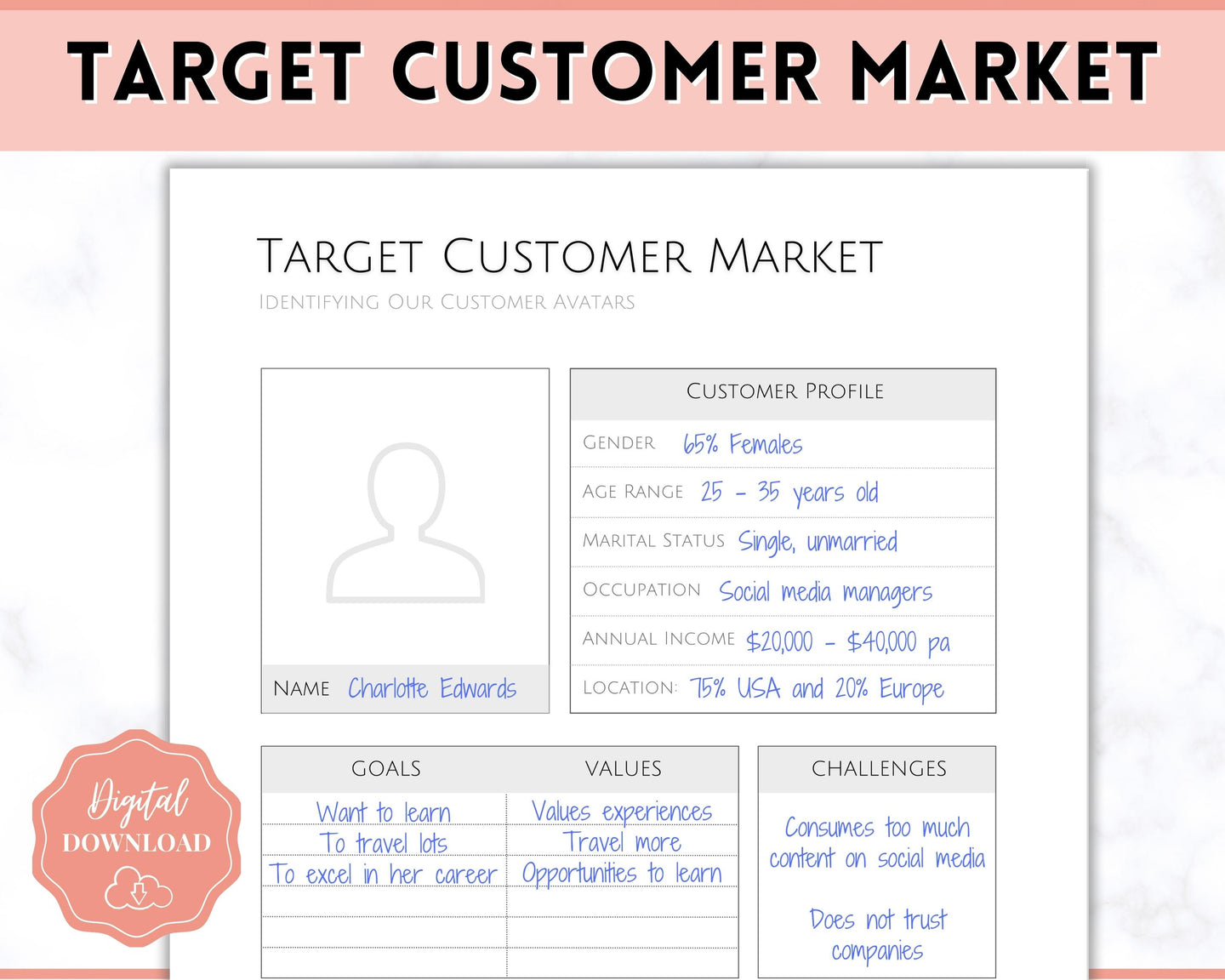 Target Audience Customer Market Template | Customer Avatar Market Research Worksheet, Ideal Client Buyer Persona Profile | Mono