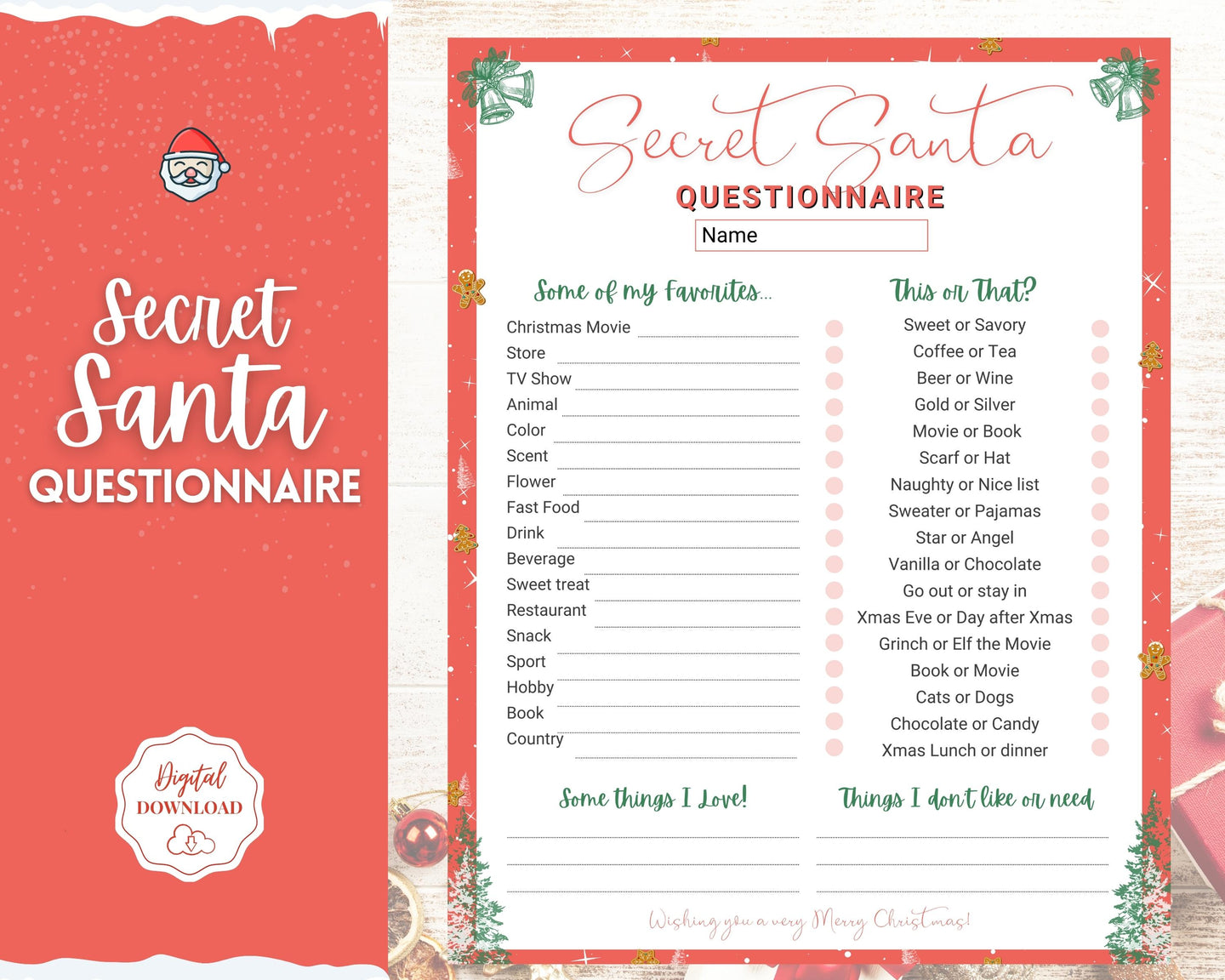 Secret Santa Questionnaire Printable | Holiday Gift Exchange for Work, Family and Friends | Red Style 2