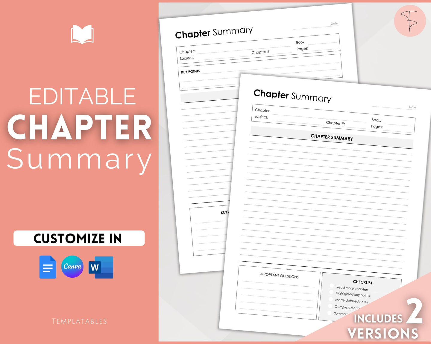 Chapter Summary Template | EDITABLE Essay Study Guide & Textbook Outline Review for Students | Minimalist