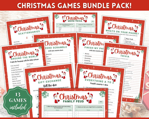 13 CHRISTMAS GAMES BUNDLE! Holiday Game Printables! Fun Family Activity Set, Virtual Xmas Party, Kids & Adults, Office, Trivia, Guess, Feud