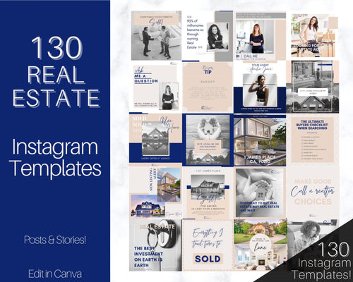 130 REALTOR Instagram Templates. Editable Real Estate Canva Template Pack. Instagram Square Posts & Stories. Social Media Marketing Graphics