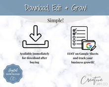 Load image into Gallery viewer, Small Business Bookkeeping Spreadsheet | Google Sheets Automated Business Expense Tracker &amp; Product Invetory Tracker | Blue
