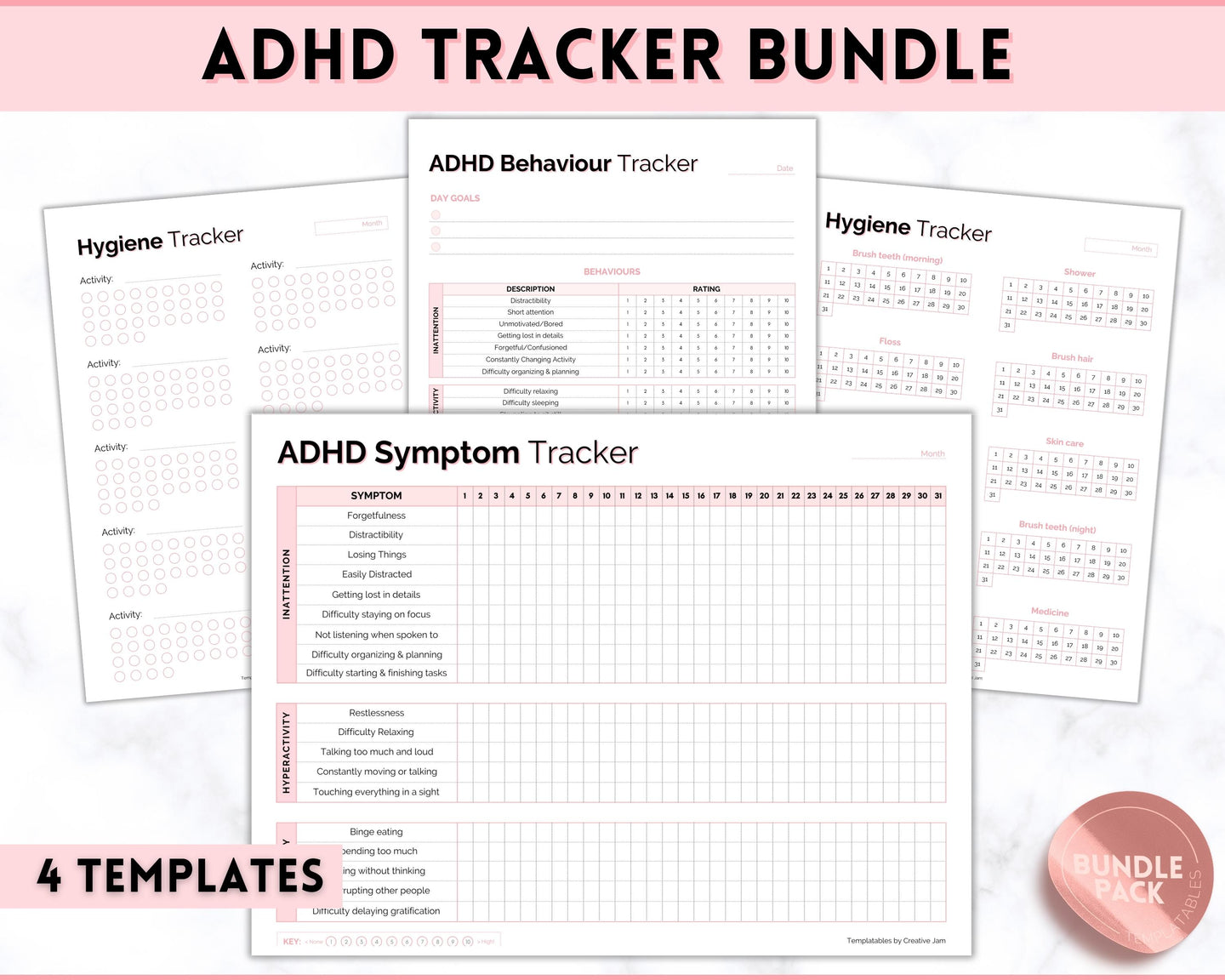 ADHD Symptom Tracker, Behavior & Hygiene Tracker BUNDLE | Pink