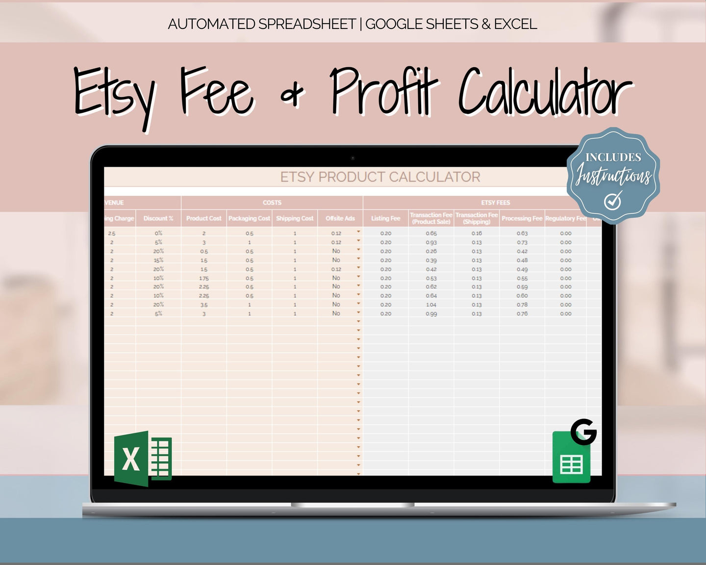 Etsy Fee and Profit Calculator | Pricing Spreadsheet for Small Business & Etsy Sellers | Brown