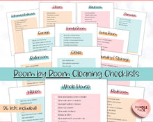 Load image into Gallery viewer, Cleaning Checklist, Printable Room by room Cleaning Cards | Family &amp; Kids Cleaning Schedule Planner &amp; Tracker | Colorful Sky
