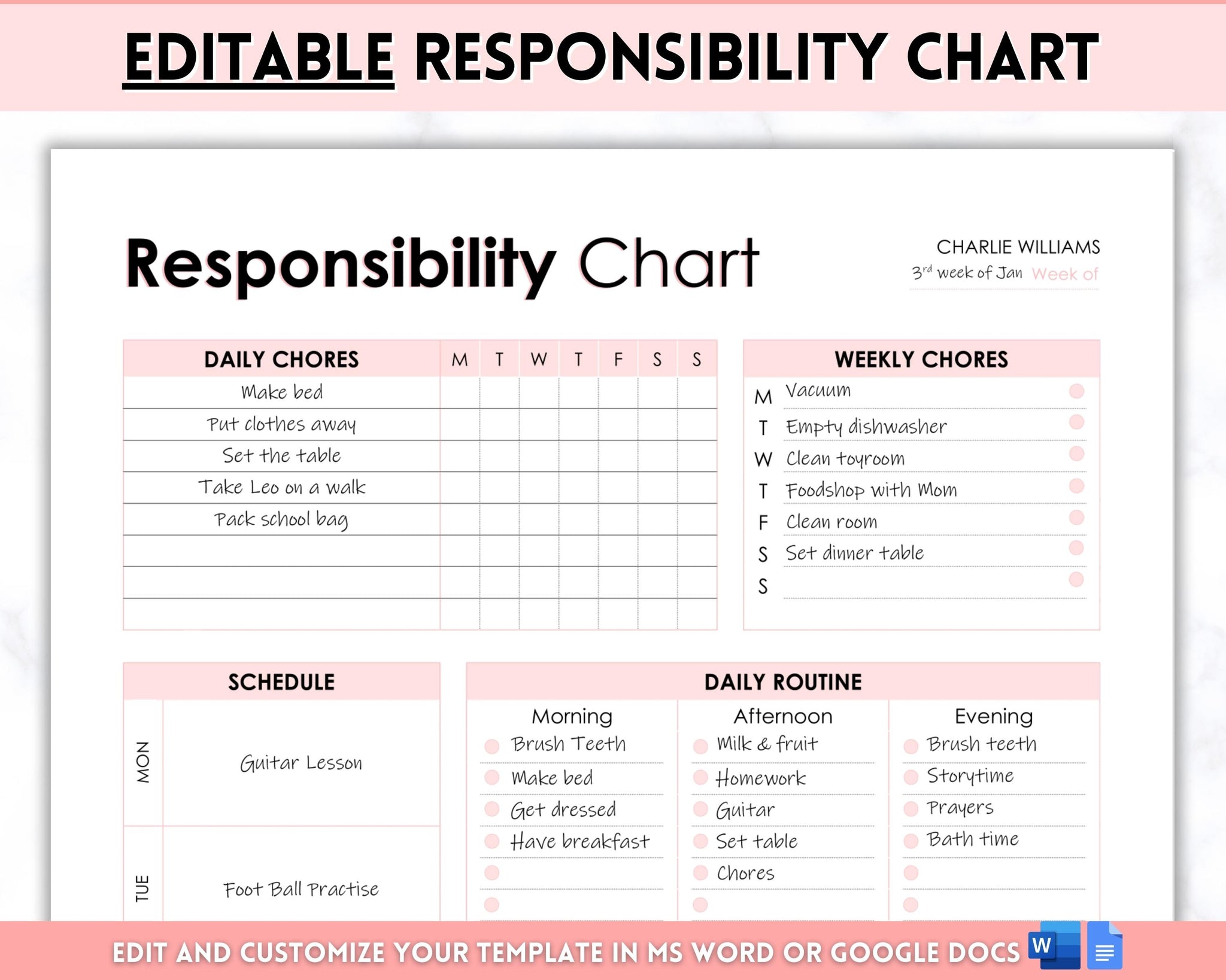 Printable Routine Responsiblity Chat Printable Responsibility Chore Chart Editable Chore Chart, Kids Chore